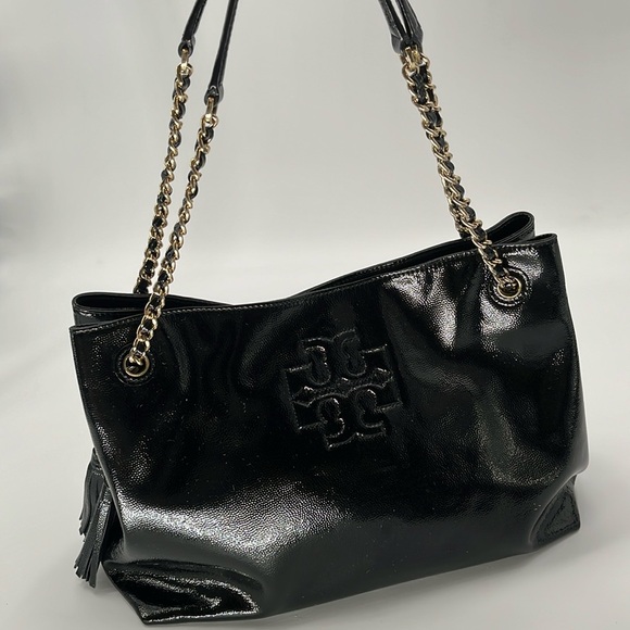 Tory Burch Thea Black Patent Leather Gold Chain Slouchy Leather Shoulder Tote - Picture 4 of 17